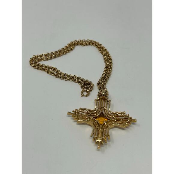 Vintage Sarah Coventry Gold Tone Cross with Amber Rhinestone - Picture 6 of 9